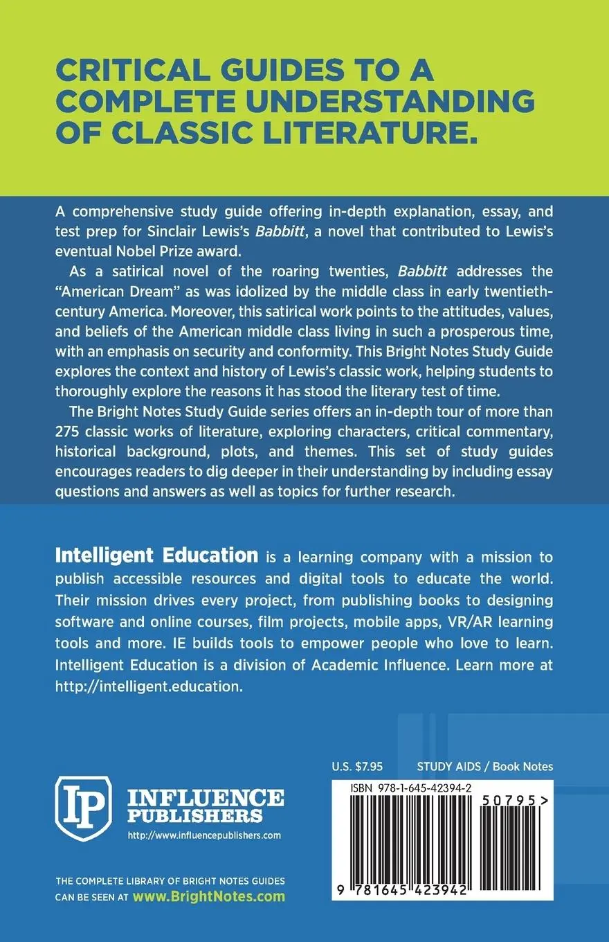 Rückseite: 9781645423942 | Study Guide to Babbitt by Sinclair Lewis | Intelligent Education