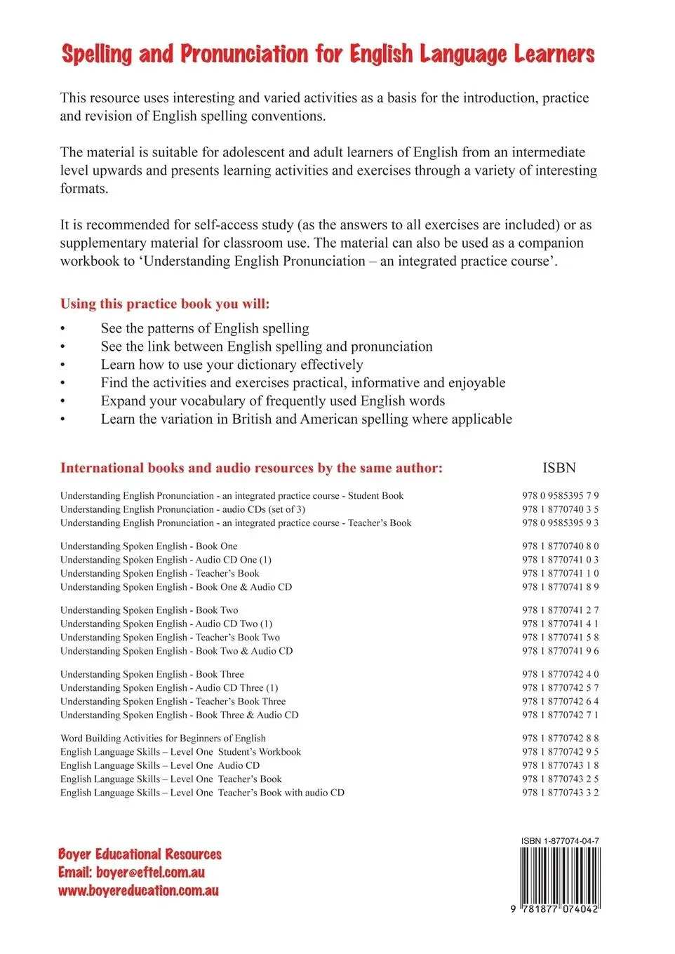 Rückseite: 9781877074042 | Spelling and Pronciation for English Language Learners | Susan E Boyer