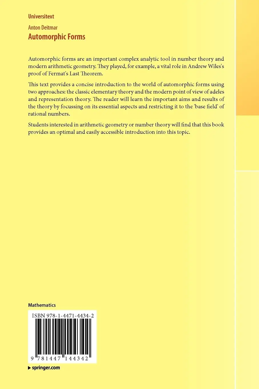 Rückseite: 9781447144342 | Automorphic Forms | Anton Deitmar | Taschenbuch | ix | Englisch | 2012