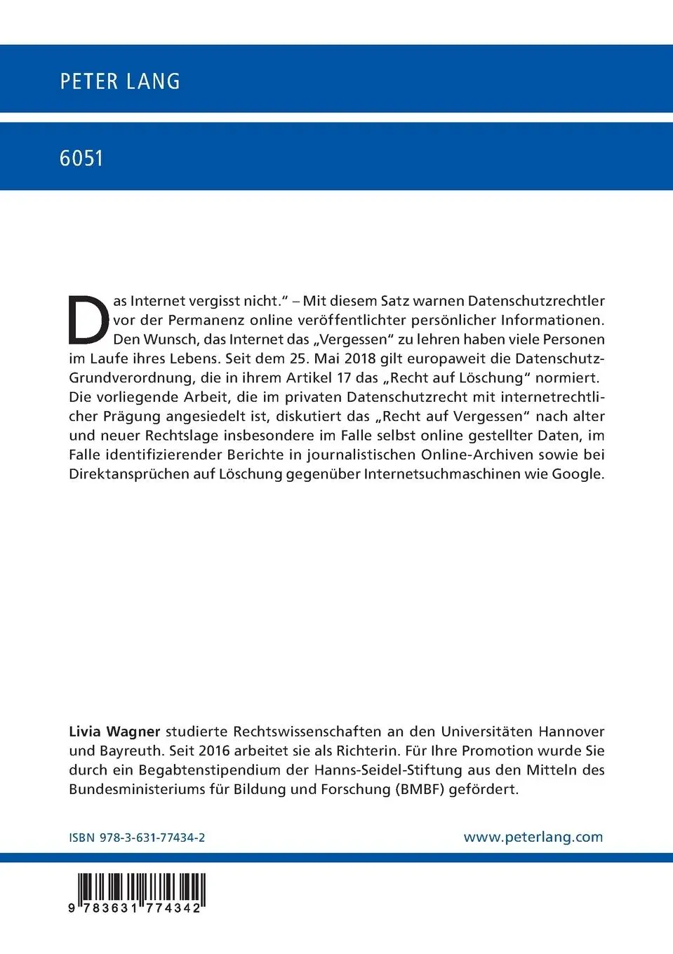 Rückseite: 9783631774342 | Ein Recht auf Vergessen im Internet | Livia Wagner | Taschenbuch