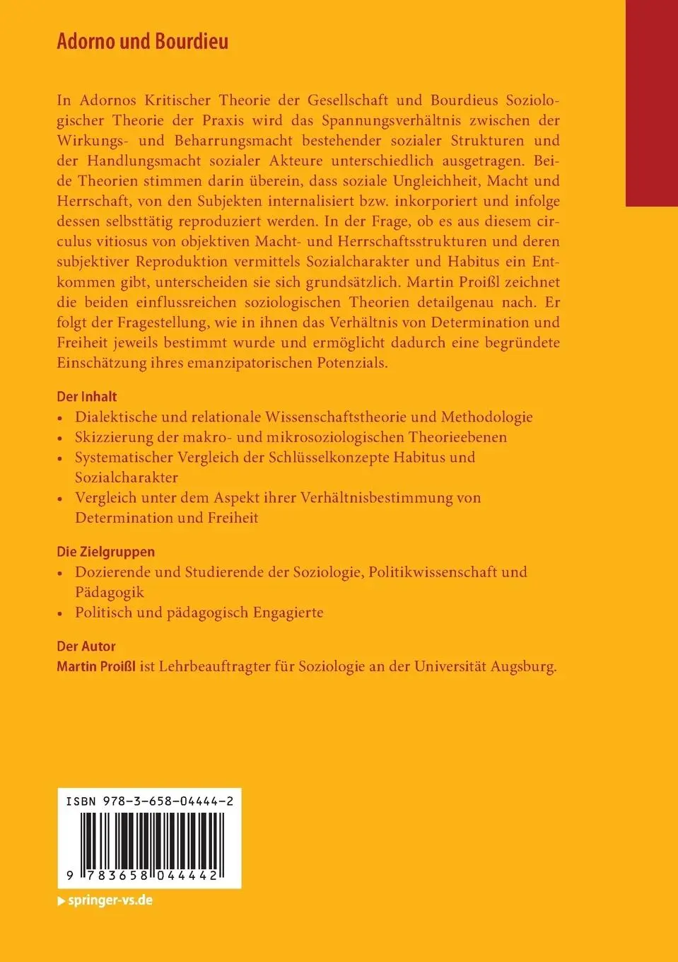 Rückseite: 9783658044442 | Adorno und Bourdieu | Ein Theorievergleich | Martin Proißl | Buch