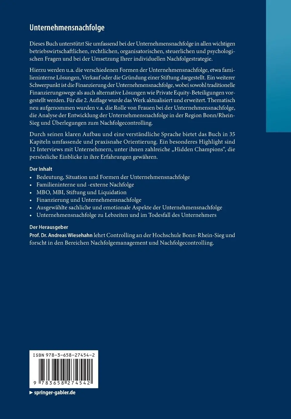 Rückseite: 9783658274542 | Unternehmensnachfolge | Praxishandbuch für Familienunternehmen | Buch