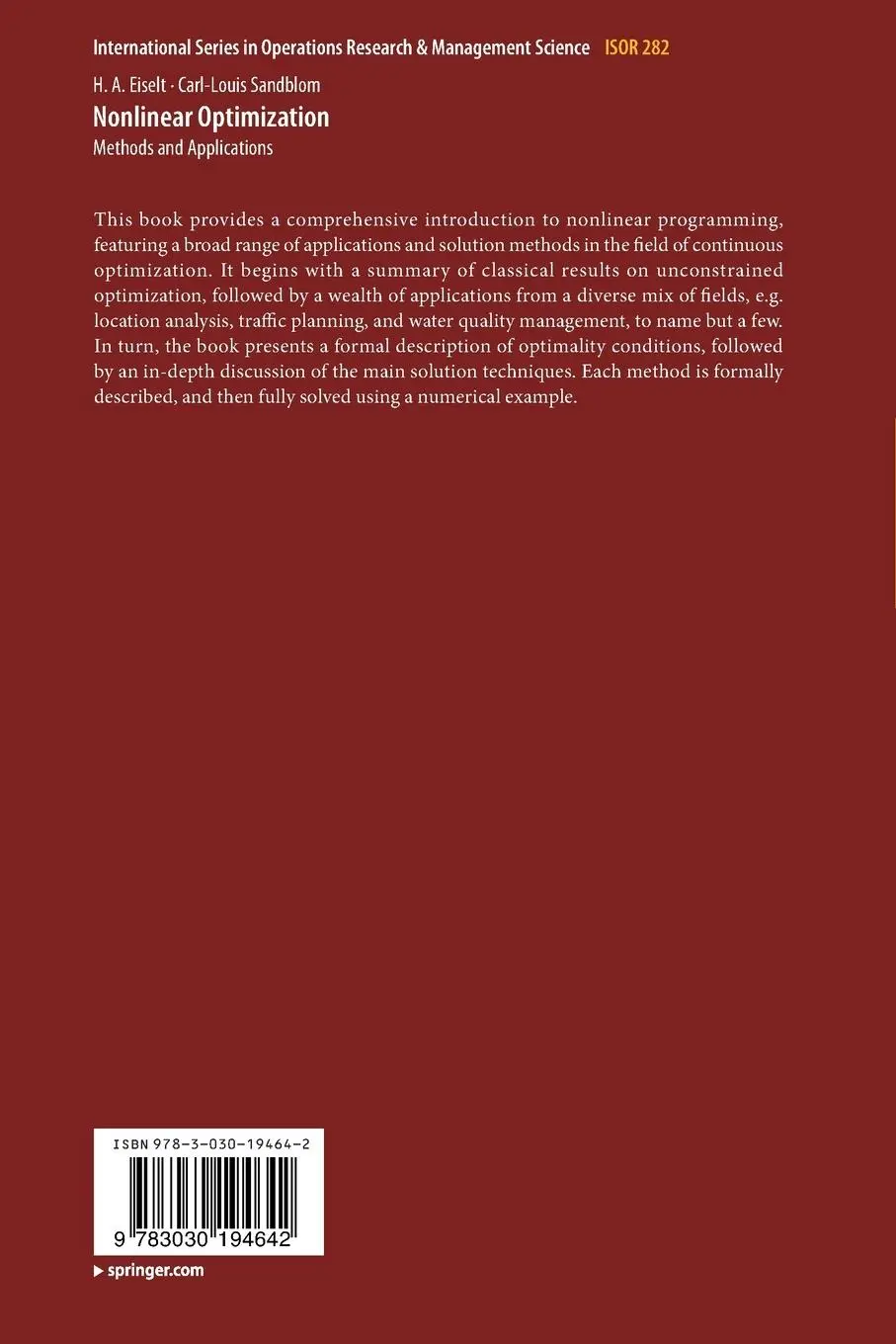 Rückseite: 9783030194642 | Nonlinear Optimization | Methods and Applications | Sandblom (u. a.)