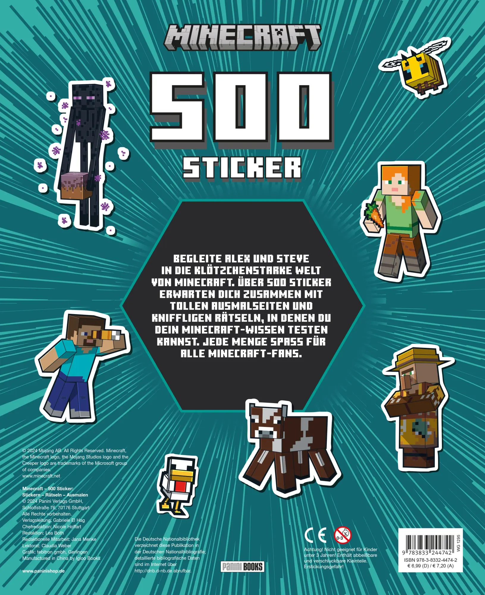Rückseite: 9783833244742 | Minecraft: 500 Sticker- Stickern - Rätseln - Ausmalen | Panini | Buch