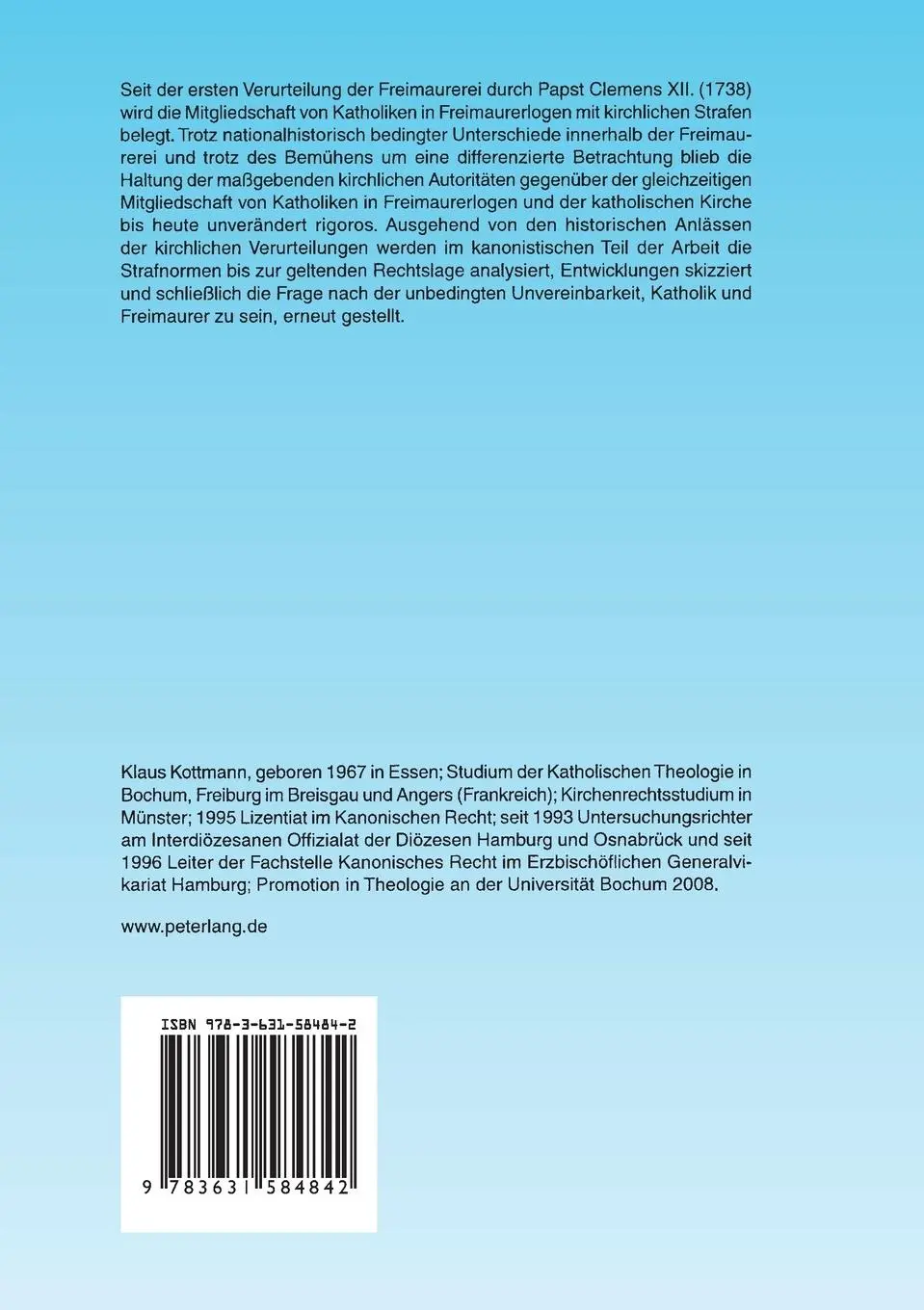Rückseite: 9783631584842 | Die Freimaurer und die katholische Kirche | Klaus Kottmann | Buch