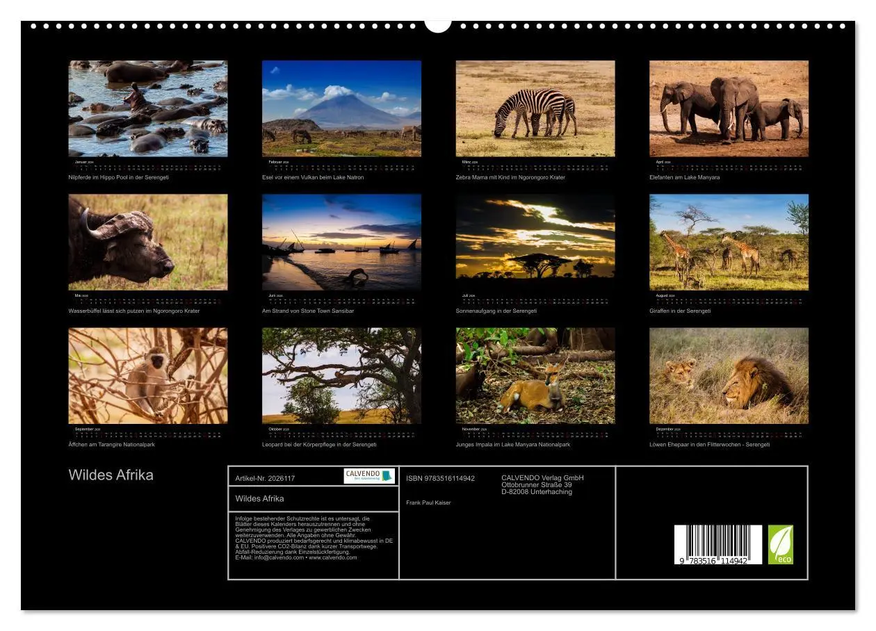 Bild: 9783516114942 | Wildes Afrika (hochwertiger Premium Wandkalender 2026 DIN A2 quer),...