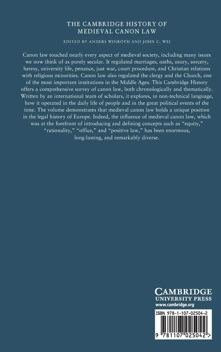 Rückseite: 9781107025042 | The Cambridge History of Medieval Canon Law | Anders Winroth (u. a.)