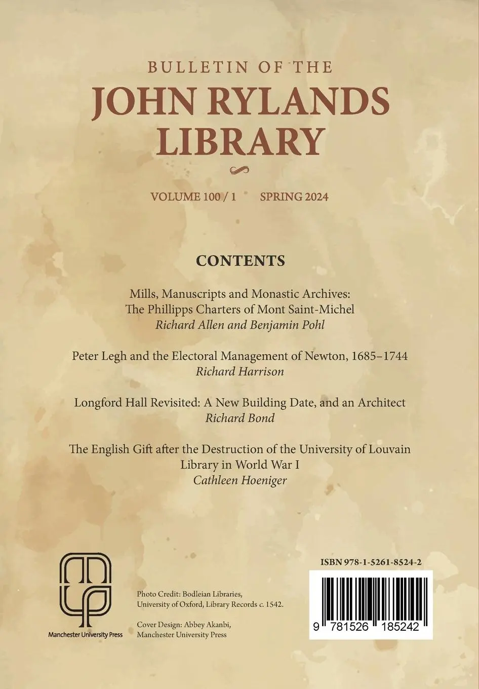 Rückseite: 9781526185242 | Bulletin of the John Rylands Library 100/1 | Fred Schurink (u. a.)