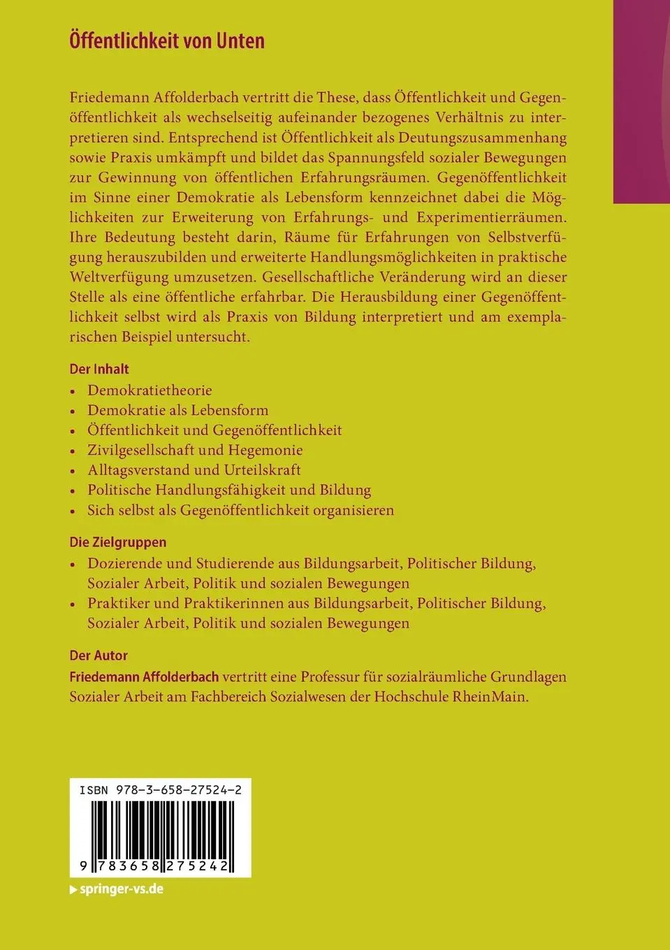 Rückseite: 9783658275242 | Öffentlichkeit von Unten | Friedemann Affolderbach | Taschenbuch