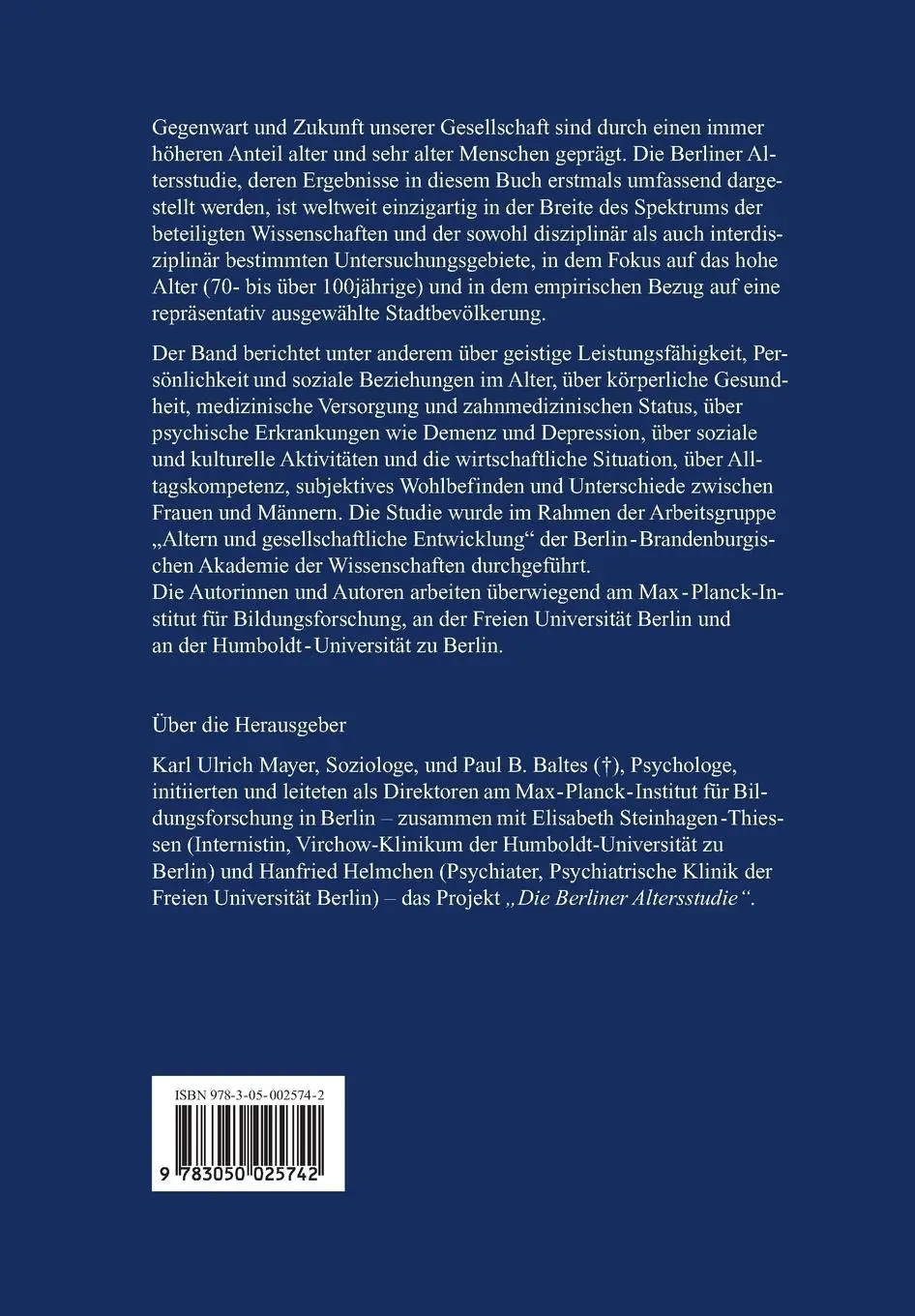 Rückseite: 9783050025742 | Die Berliner Altersstudie | Karl Ulrich Mayer (u. a.) | Taschenbuch