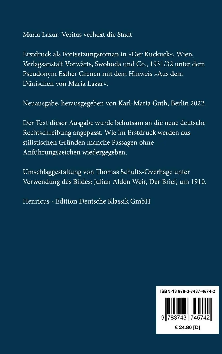 Rückseite: 9783743745742 | Veritas verhext die Stadt | Maria Lazar | Buch | 156 S. | Deutsch