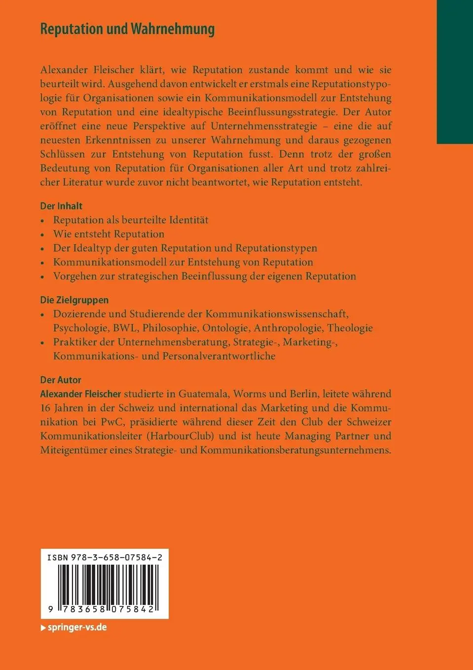 Rückseite: 9783658075842 | Reputation und Wahrnehmung | Alexander Fleischer | Taschenbuch | xv