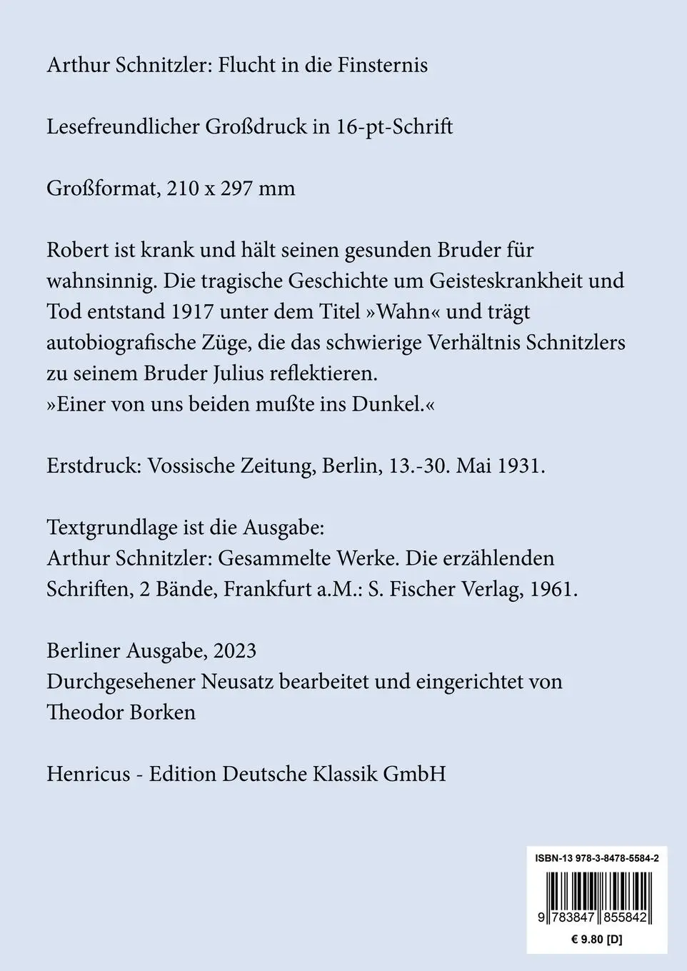 Rückseite: 9783847855842 | Flucht in die Finsternis (Großdruck) | Arthur Schnitzler | Taschenbuch