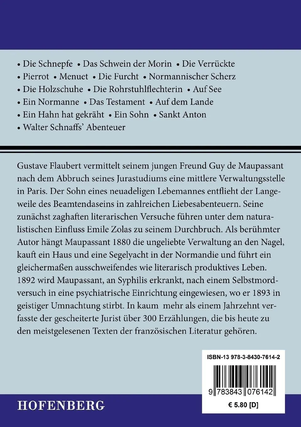 Rückseite: 9783843076142 | Die Schnepfe | und andere Novellen | Guy de Maupassant | Taschenbuch