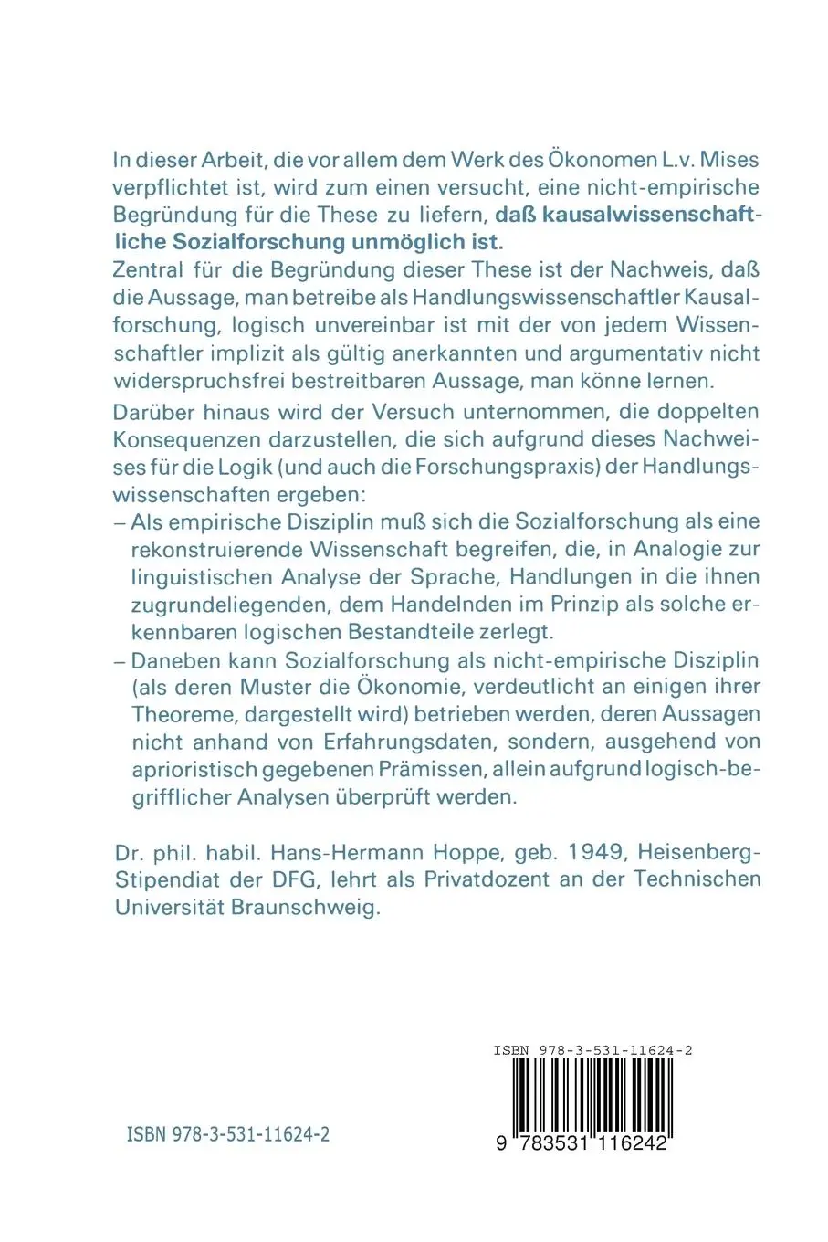 Rückseite: 9783531116242 | Kritik der kausalwissenschaftlichen Sozialforschung | Hoppe | Buch