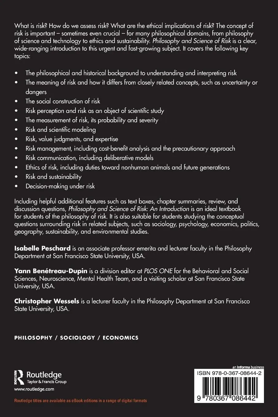 Rückseite: 9780367086442 | Philosophy and Science of Risk | An Introduction | Peschard (u. a.)