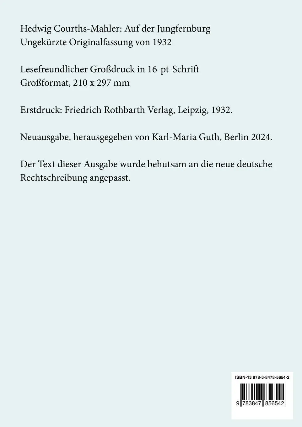 Rückseite: 9783847856542 | Auf der Jungfernburg (Großdruck) | Ungekürzte Originalfassung von 1932