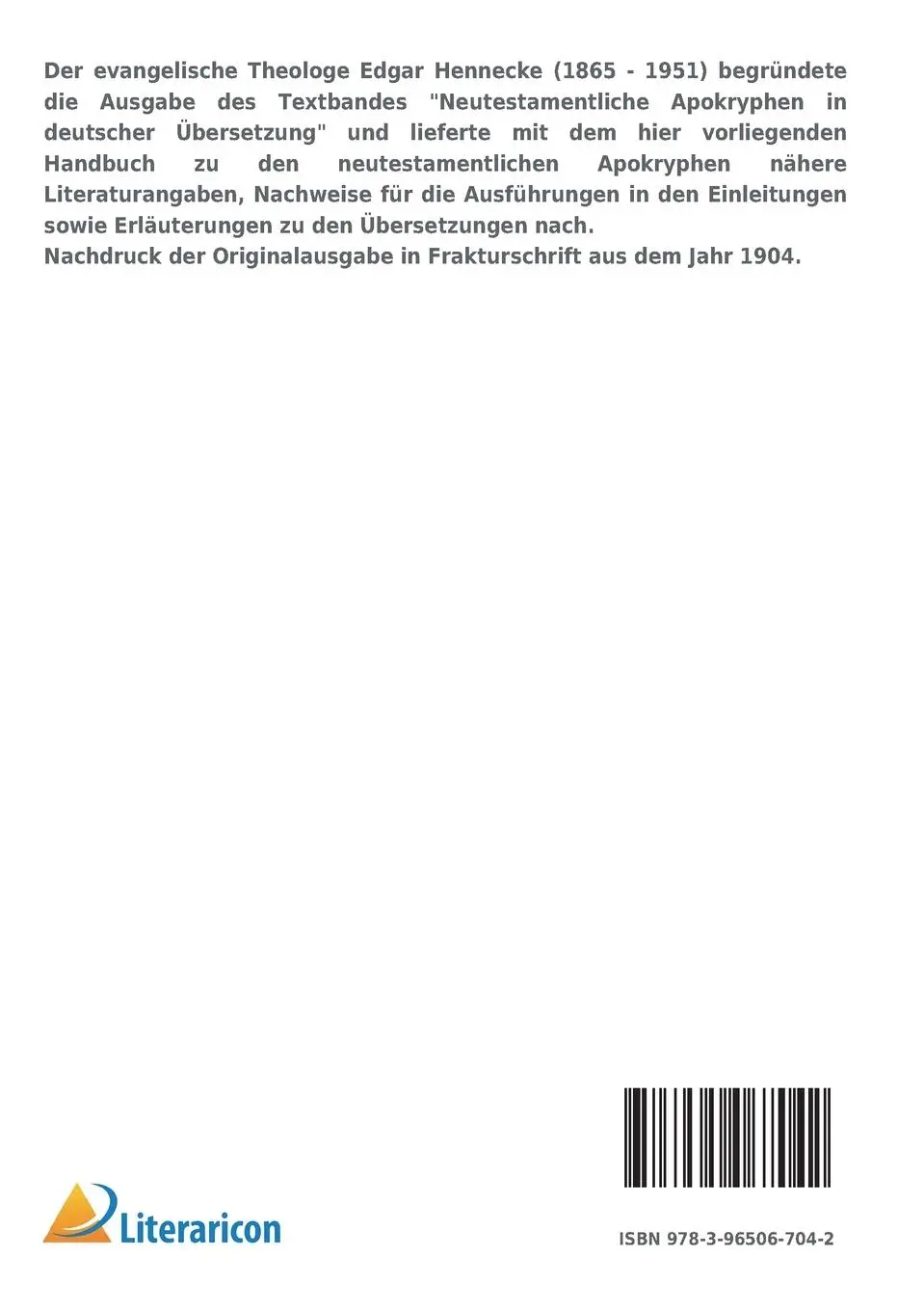 Rückseite: 9783965067042 | Handbuch zu den neutestamentlichen Apokryphen | Edgar Hennecke | Buch