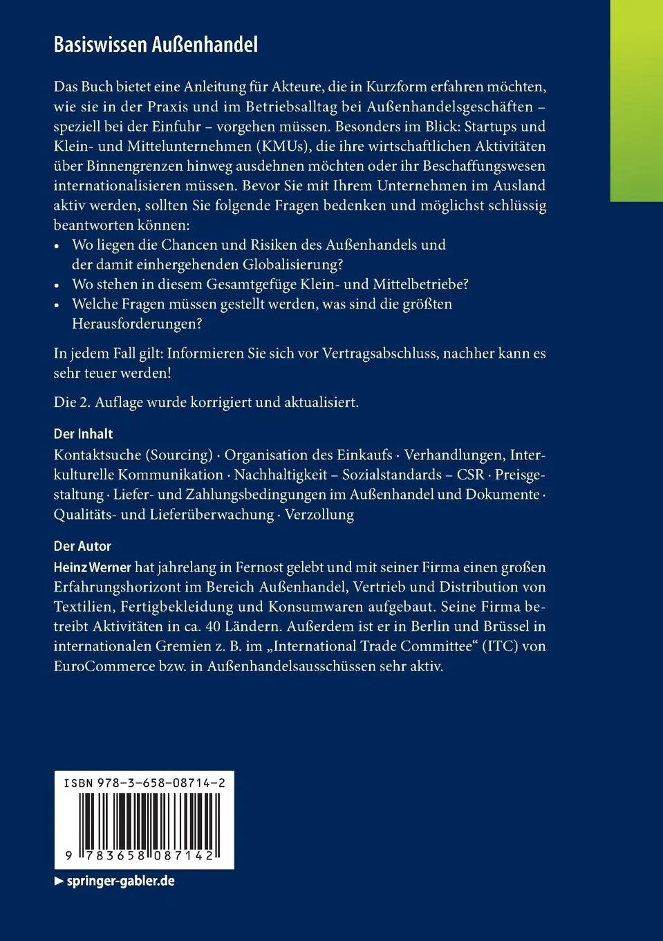Rückseite: 9783658087142 | Basiswissen Außenhandel | Heinz Werner | Taschenbuch | xii | Deutsch