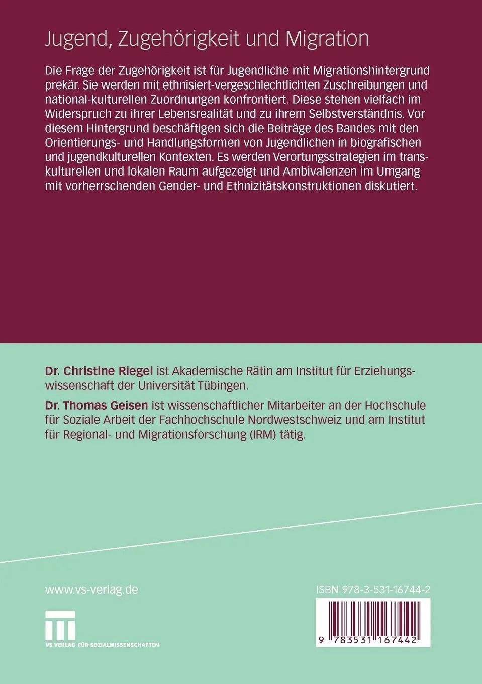 Rückseite: 9783531167442 | Jugend, Zugehörigkeit und Migration | Thomas Geisen (u. a.) | Buch