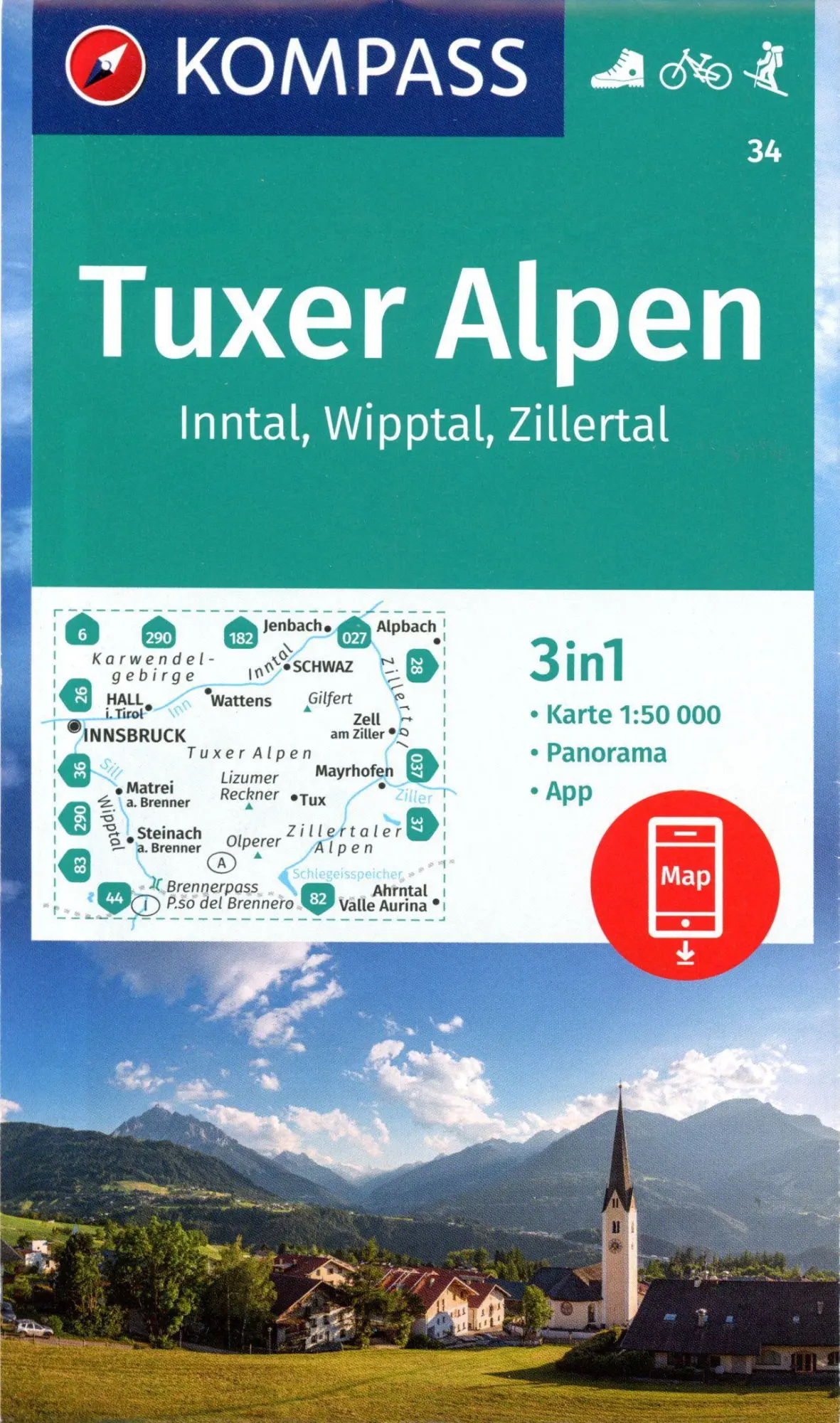 Cover: 9783991217442 | KOMPASS Wanderkarte 34 Tuxer Alpen, Inntal, Wipptal, Zillertal...