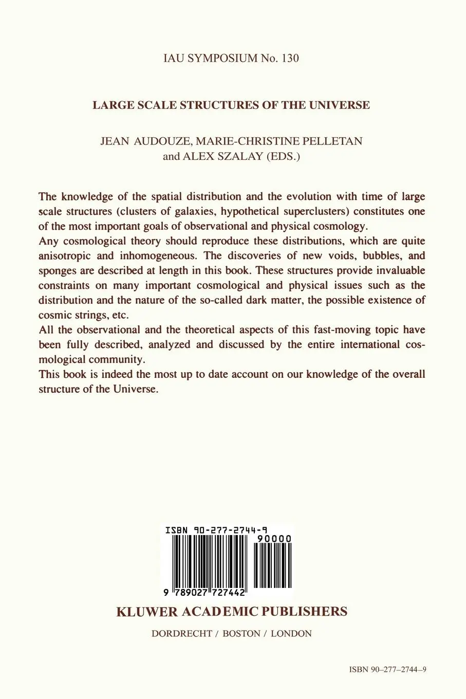Rückseite: 9789027727442 | Large Scale Structures of the Universe | J. Audouze (u. a.) | Buch