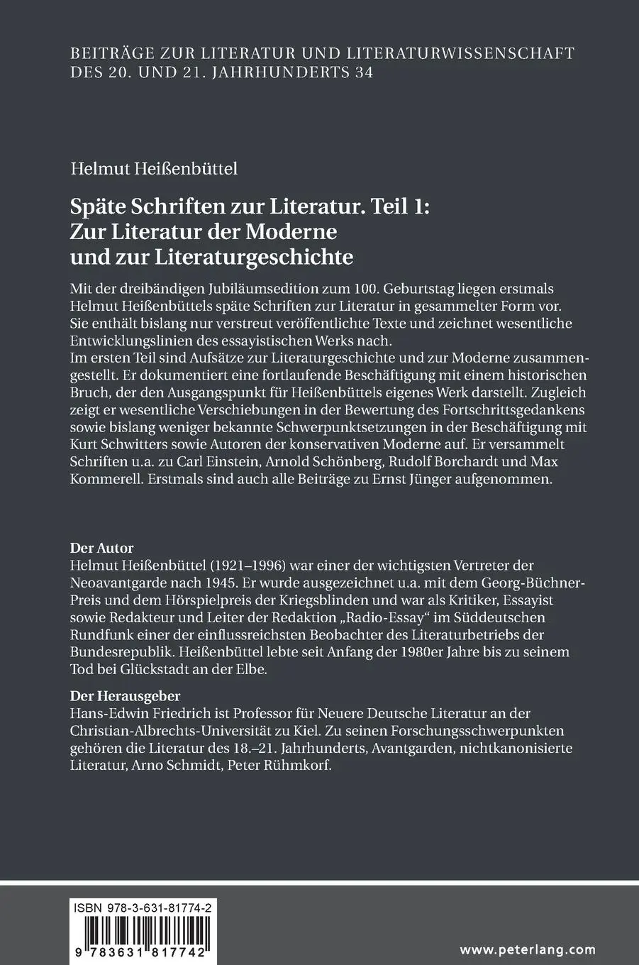 Rückseite: 9783631817742 | Späte Schriften zur Literatur. Teil 1: Zur Literatur der Moderne...