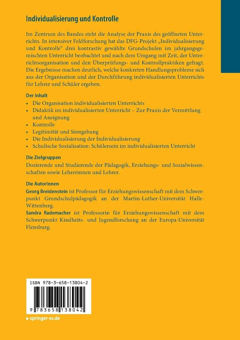 Rückseite: 9783658138042 | Individualisierung und Kontrolle | Sandra Rademacher (u. a.) | Buch