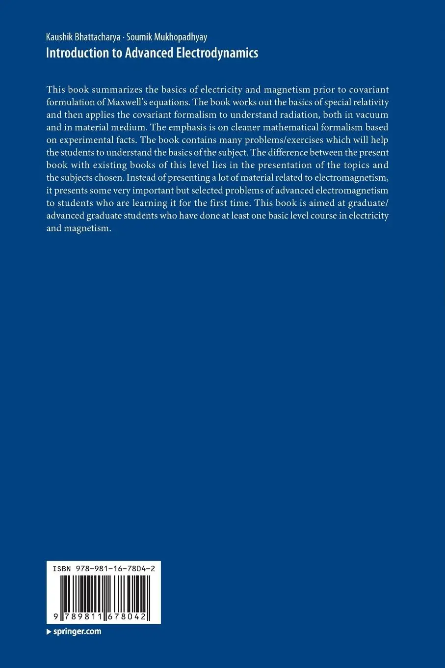 Rückseite: 9789811678042 | Introduction to Advanced Electrodynamics | Soumik Mukhopadhyay (u. a.)