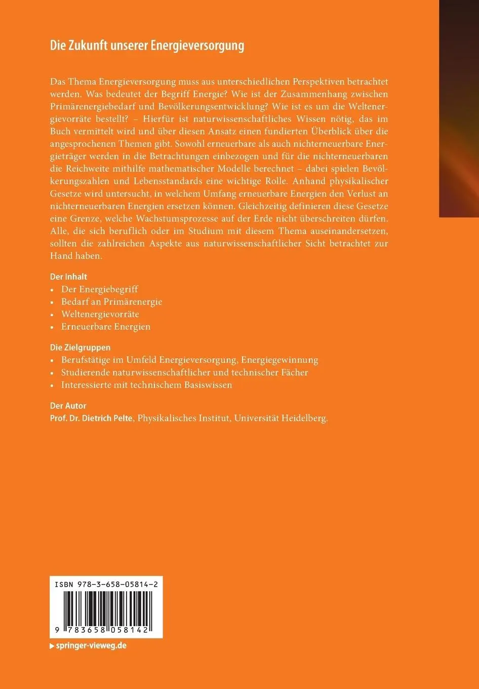 Rückseite: 9783658058142 | Die Zukunft unserer Energieversorgung | Dietrich Pelte | Taschenbuch
