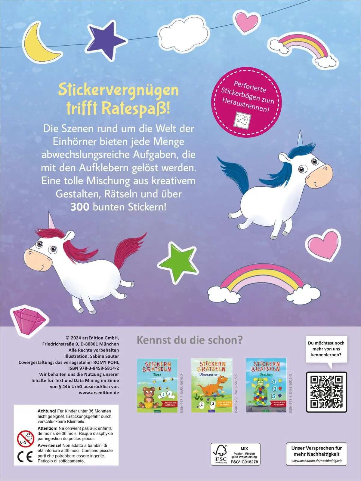 Rückseite: 9783845858142 | Stickern &amp; Rätseln - Einhörner | Löse die Rätsel mit Stickern | Sauter