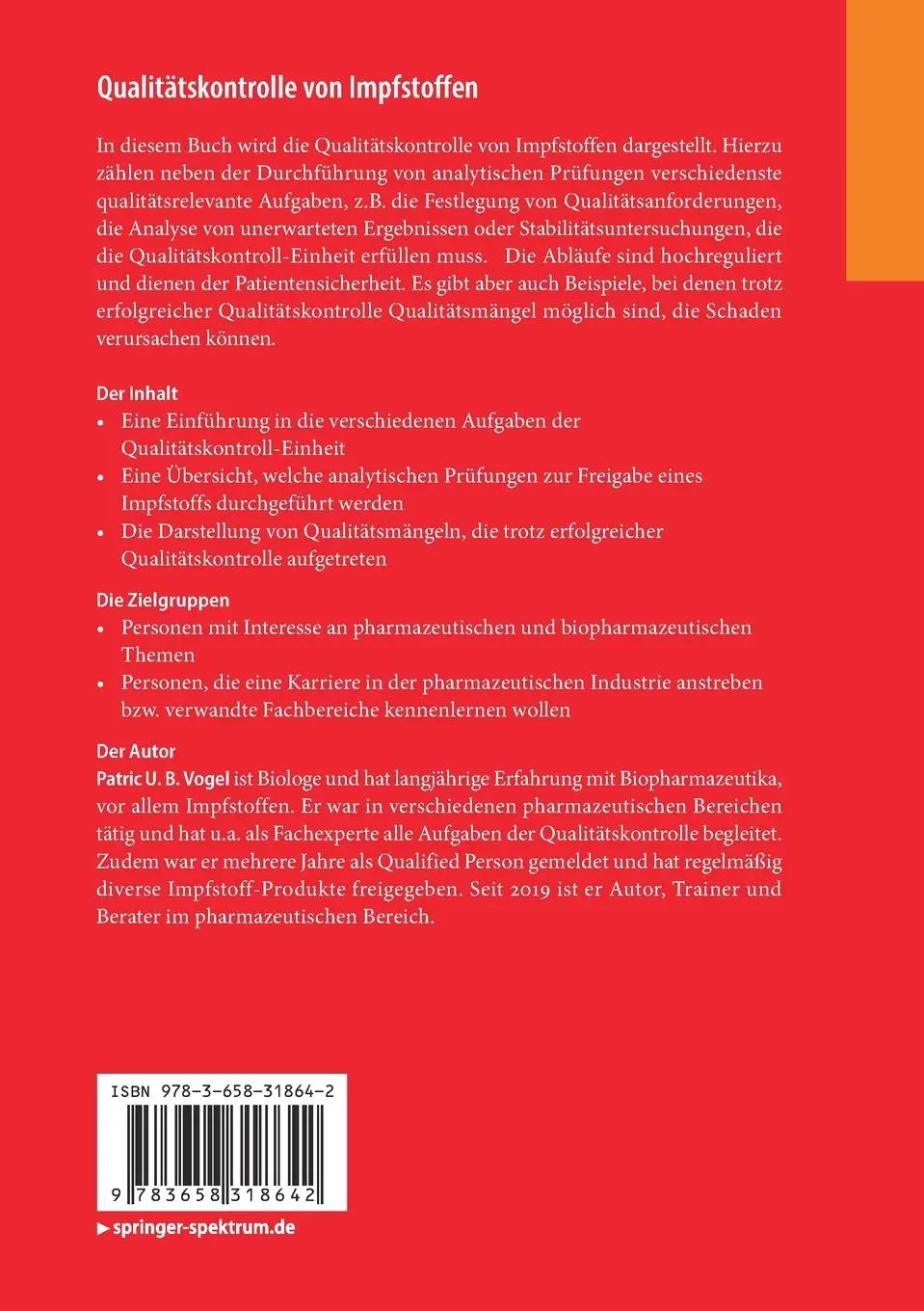 Rückseite: 9783658318642 | Qualitätskontrolle von Impfstoffen | Patric U. B. Vogel | Taschenbuch