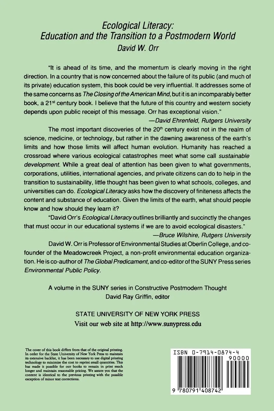 Rückseite: 9780791408742 | Ecological Literacy | David W. Orr | Taschenbuch | Englisch | 1991