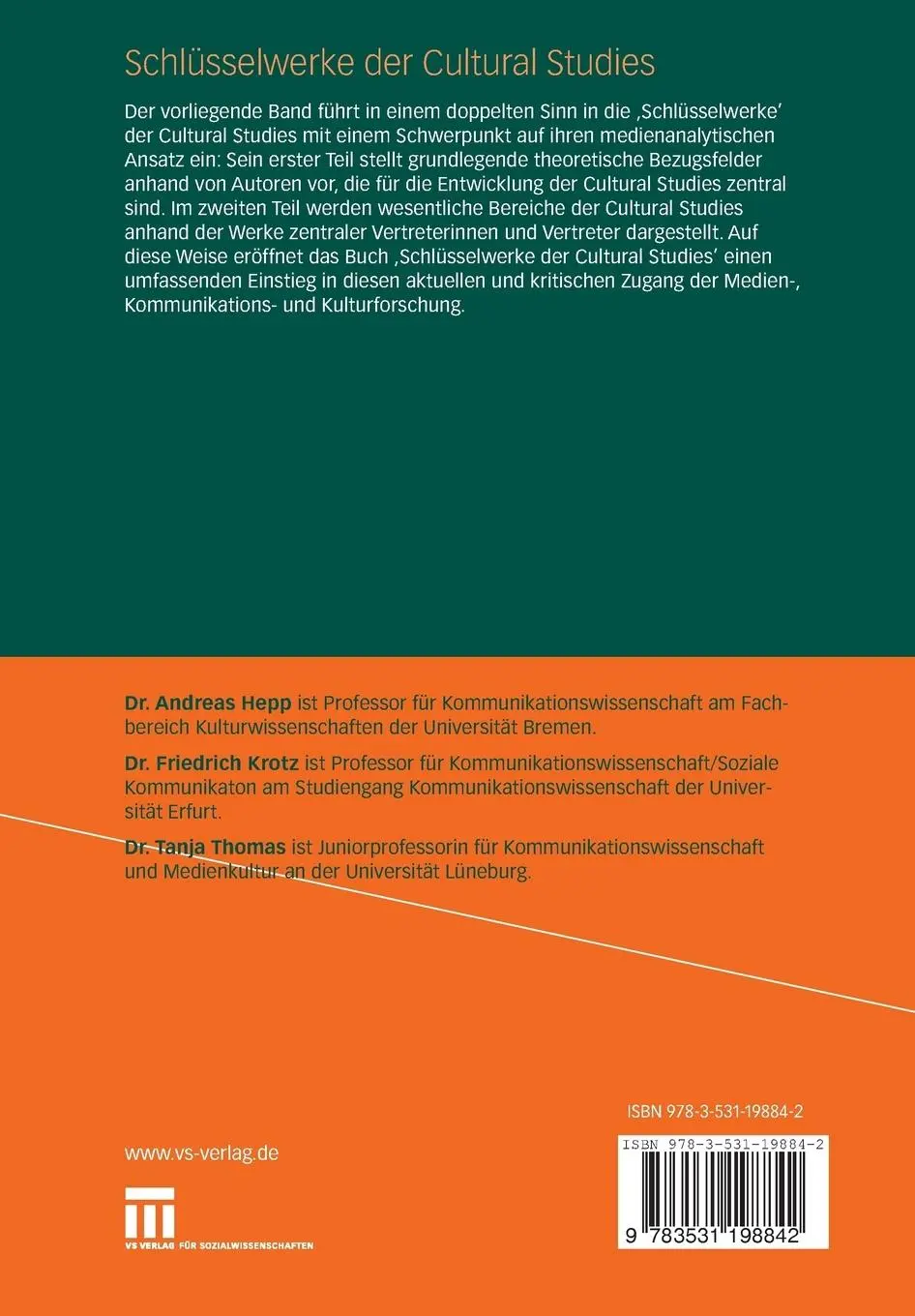 Rückseite: 9783531198842 | Schlüsselwerke der Cultural Studies | Andreas Hepp (u. a.) | Buch