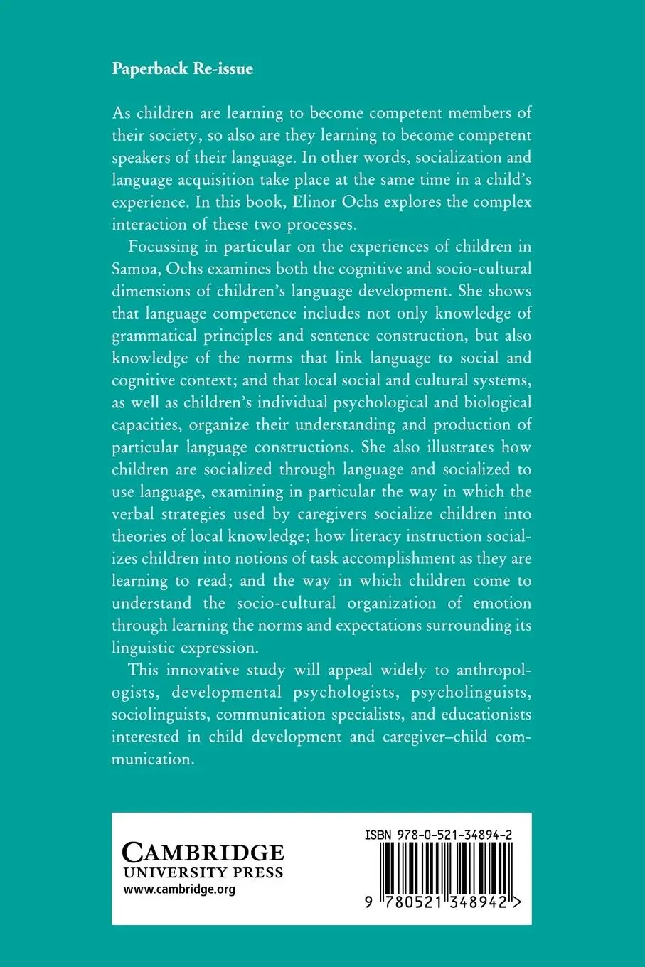 Rückseite: 9780521348942 | Culture and Language Development | Elinor Ochs | Taschenbuch | 2009