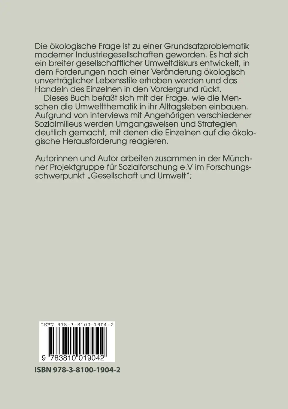Rückseite: 9783810019042 | Umweltbewußtsein und Alltagshandeln | Angelika Poferl (u. a.) | Buch