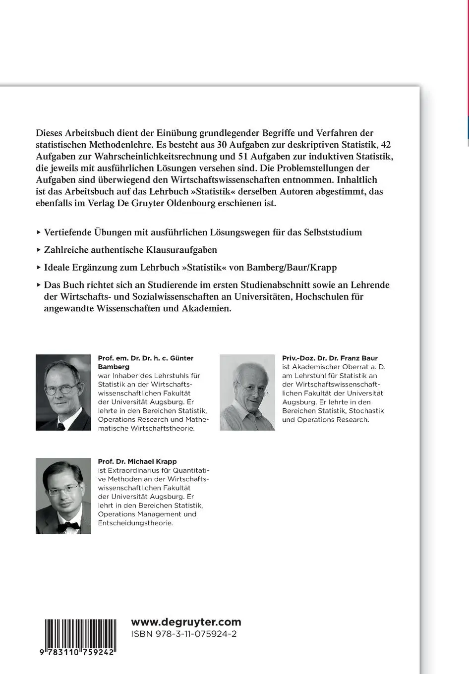 Rückseite: 9783110759242 | Statistik-Arbeitsbuch | Übungsaufgaben - Fallstudien - Lösungen | Buch