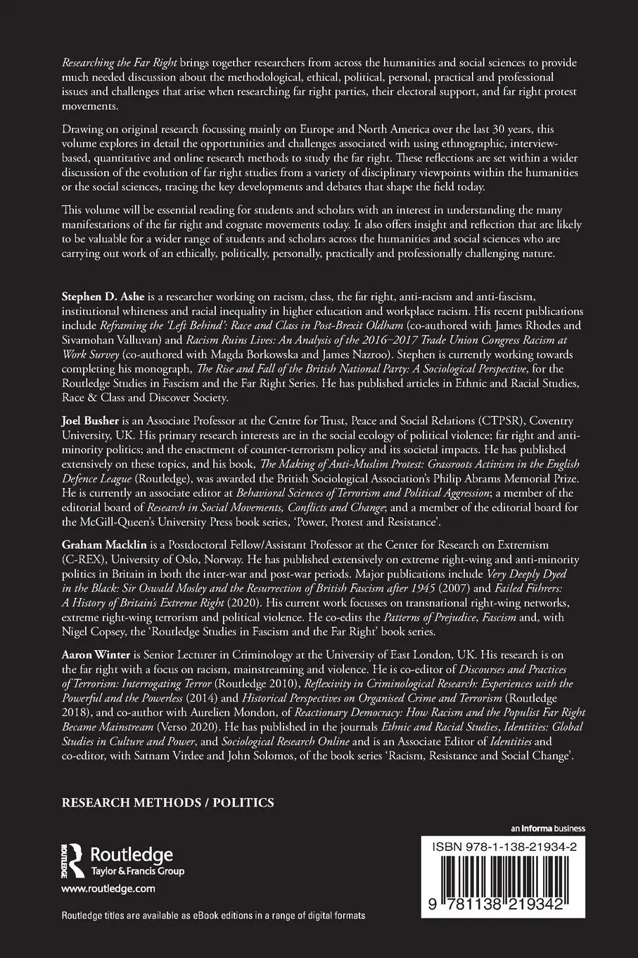 Rückseite: 9781138219342 | Researching the Far Right | Theory, Method and Practice | Ashe (u. a.)