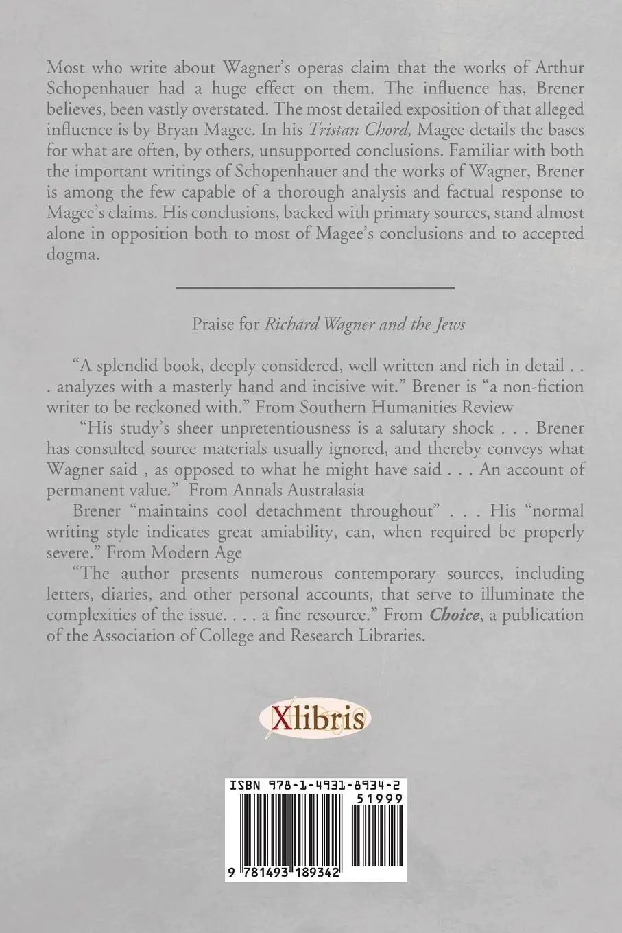 Rückseite: 9781493189342 | Wagner and Schopenhauer | A Closer Look | Milton E. Brener | Buch