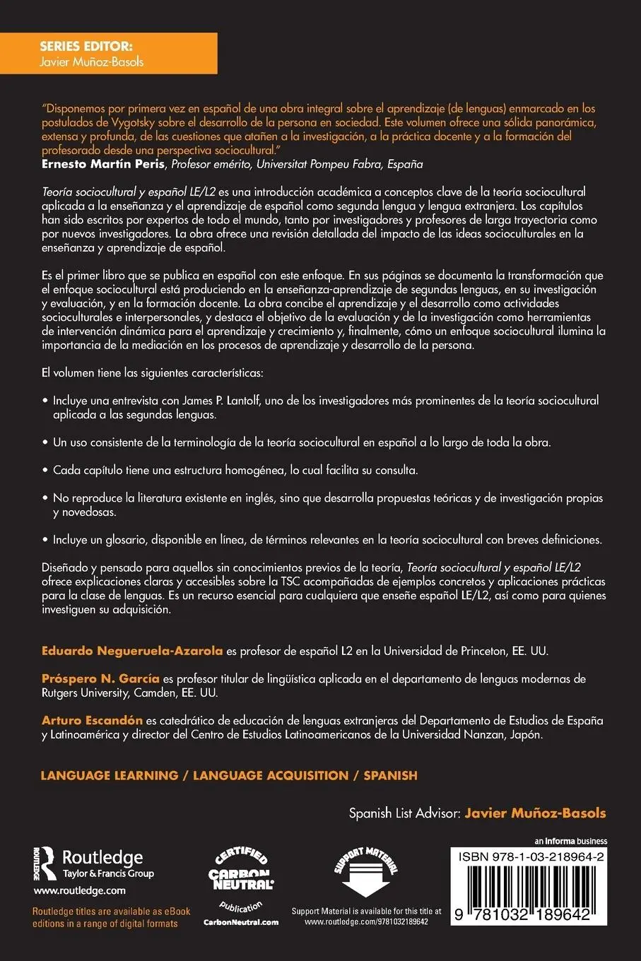 Rückseite: 9781032189642 | Teoría sociocultural y español LE/L2 | Negueruela-Azarola (u. a.)