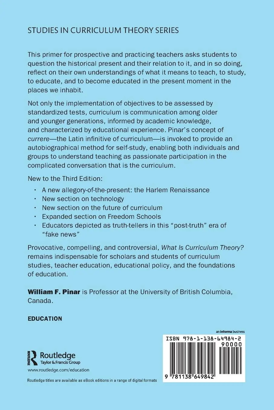 Rückseite: 9781138649842 | What Is Curriculum Theory? | William F. Pinar | Taschenbuch | Englisch