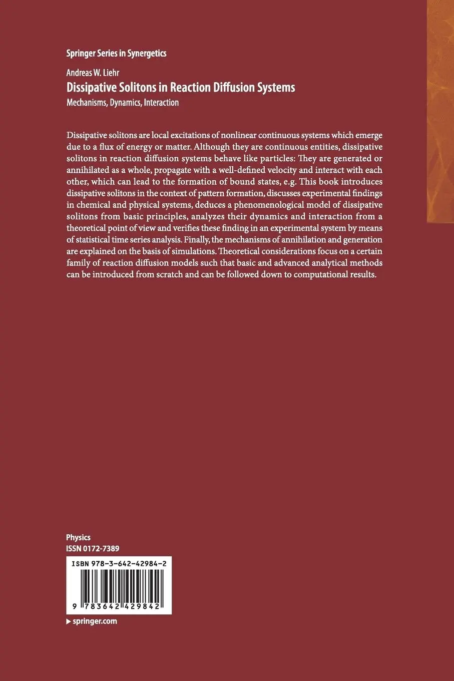 Rückseite: 9783642429842 | Dissipative Solitons in Reaction Diffusion Systems | Andreas Liehr