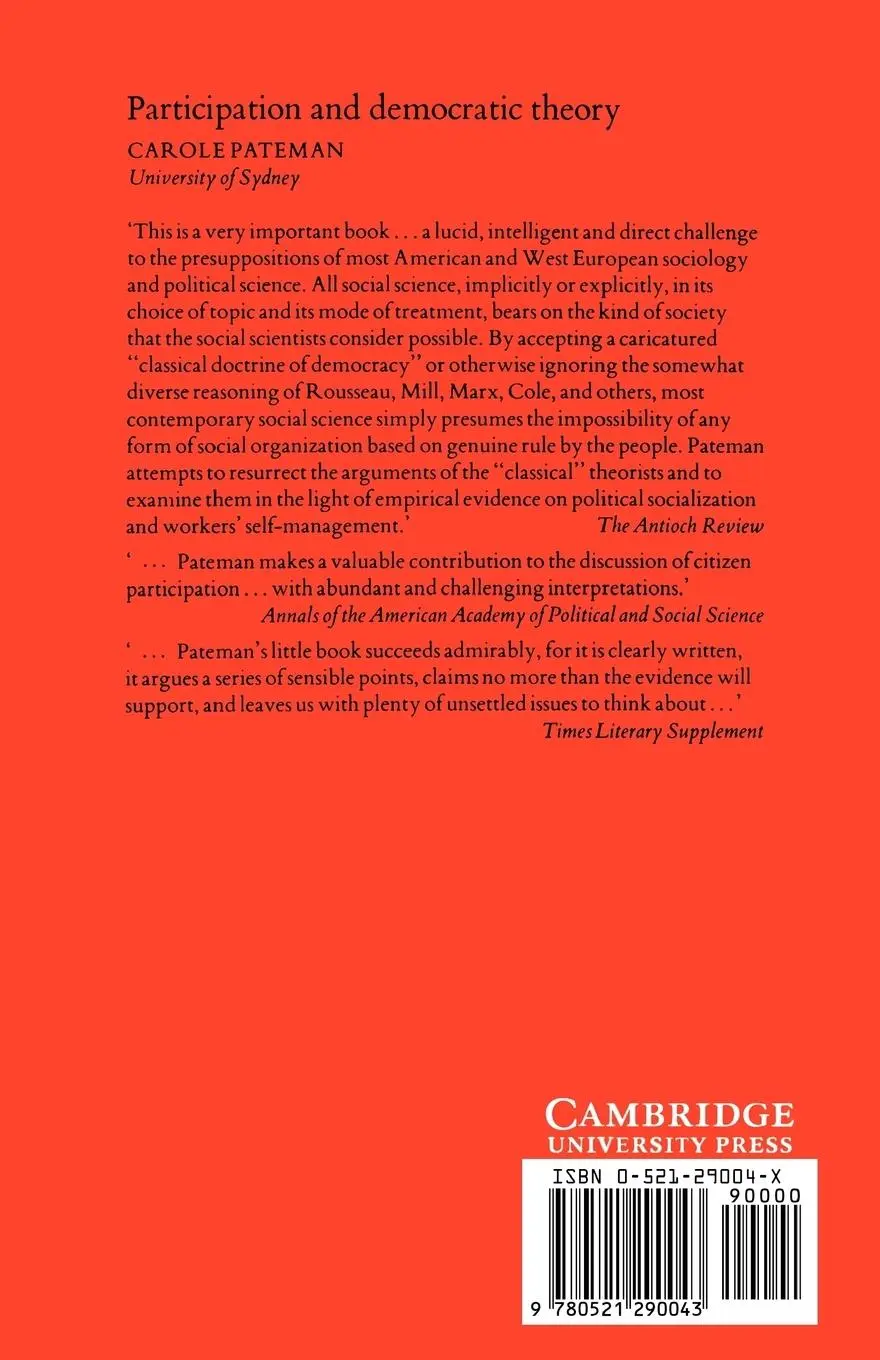 Rückseite: 9780521290043 | Participation and Democratic Theory | Carole Pateman | Taschenbuch
