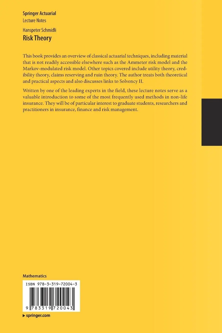 Rückseite: 9783319720043 | Risk Theory | Hanspeter Schmidli | Taschenbuch | xii | Englisch | 2018