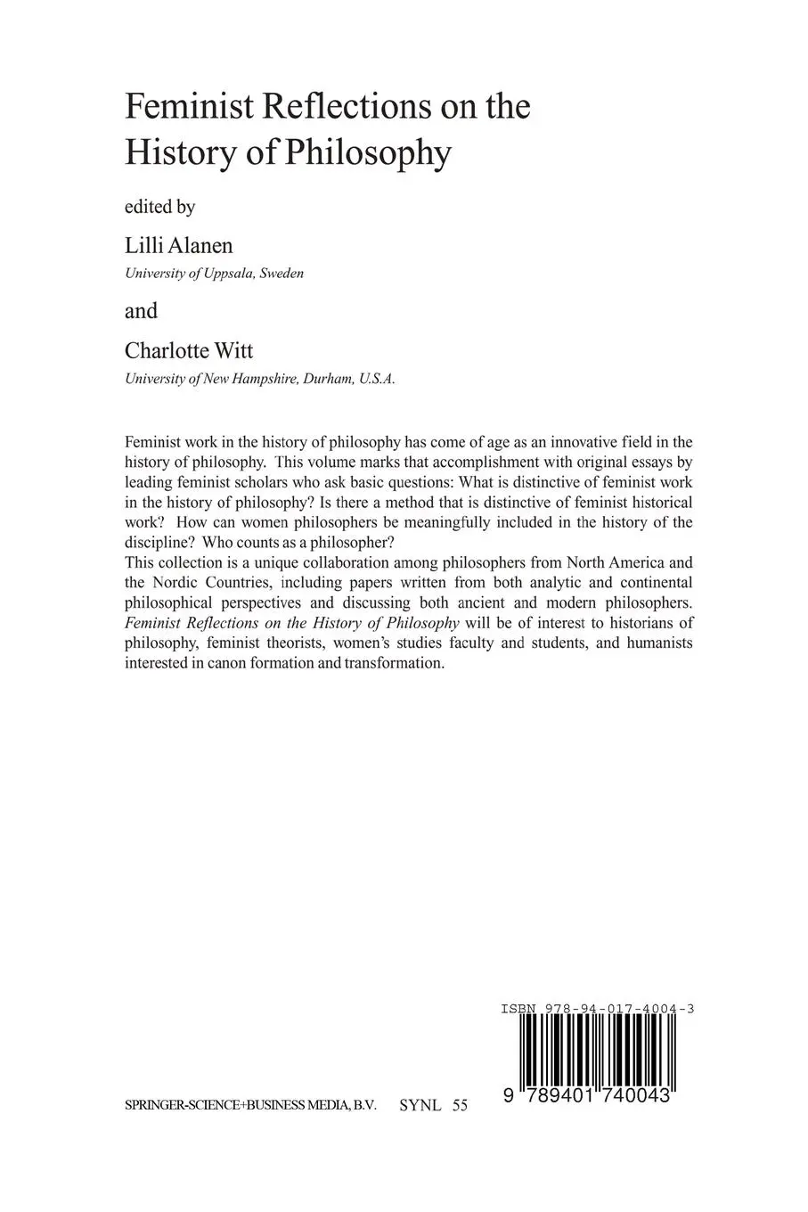 Rückseite: 9789401740043 | Feminist Reflections on the History of Philosophy | Alanen (u. a.)