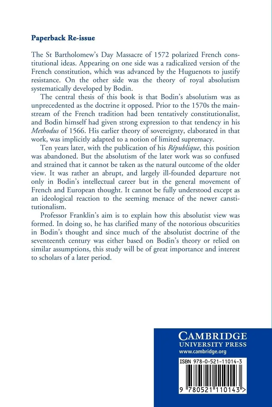 Rückseite: 9780521110143 | Jean Bodin and the Rise of Absolutist Theory | Franklin (u. a.) | Buch