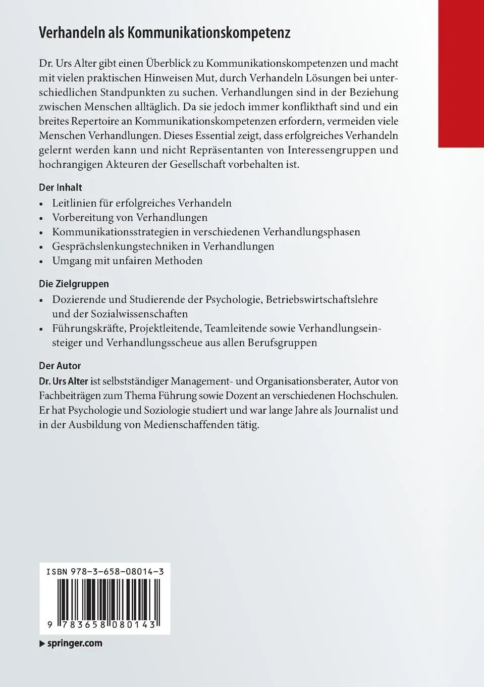 Rückseite: 9783658080143 | Verhandeln als Kommunikationskompetenz | Urs Alter | Taschenbuch