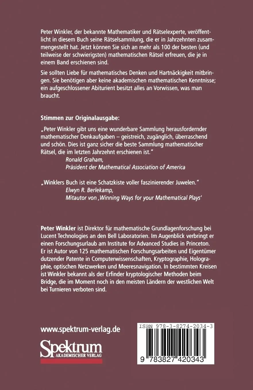 Rückseite: 9783827420343 | Mathematische Rätsel für Liebhaber | Peter Winkler | Taschenbuch | XII