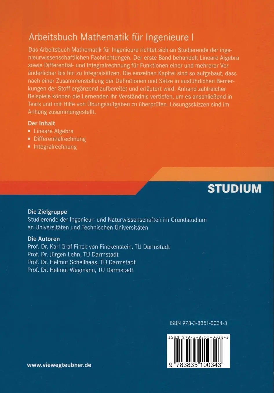 Rückseite: 9783835100343 | Arbeitsbuch Mathematik für Ingenieure, Band I | Finckenstein (u. a.)