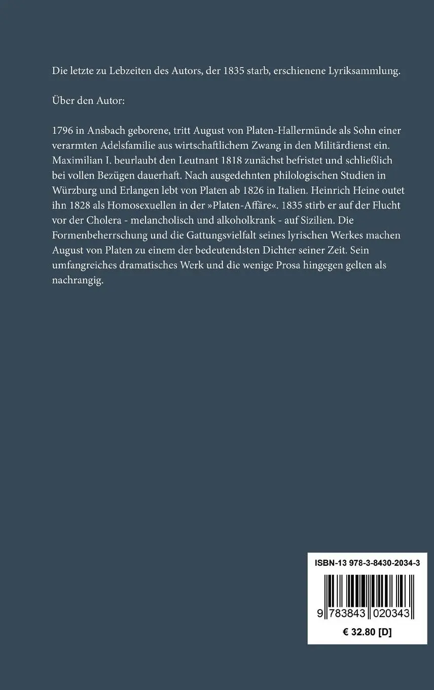 Rückseite: 9783843020343 | Gedichte | Ausgabe 1834 | August Von Platen | Buch | 252 S. | Deutsch